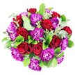 In this overhead shot, a lavish, dome-shaped bouquet stands out vividly against a crisp white background, showcasing the classic pairing of deep red roses and bold purple carnations framed by lush greenery. The roses, scattered evenly throughout the arrangement, are captured at their peak, with plush, velvety petals spiralling tightly towards a dark crimson centre, evoking a sense of enduring romance and thoughtful intention. Around and between them, the carnations offer a striking contrast: each head is composed of countless ruffled petals that create soft, undulating layers in shades of rich royal purple with hints of fuchsia, lending the bouquet a playful yet sophisticated energy. A generous collar of foliage surrounds and threads through the blooms. Broad, glossy leaves in a strong, mid-to-deep green tone provide a solid base and help define the bouquet's rounded outline, while intermittent sprigs of eucalyptus bring in a lighter, silvery-green hue, their softly rounded leaves introducing a modern, airy feel. The arrangement appears densely packed and expertly balanced, free of gaps, suggesting the careful craftsmanship of a seasoned florist in Mill Hill, perhaps preparing this piece for an intimate celebration or an anniversary dinner in a local restaurant along Mill Hill Broadway. The light is bright and diffused, eliminating harsh shadows and allowing the reds, purples, and greens to appear true and saturated, as though the flowers have just been conditioned and arranged. Although the image is silent, it hints at a gentle fragrance-the subtle sweetness of rose paired with the cool, herbal freshness of eucalyptus-creating an impression of calm, joyful celebration that would sit comfortably in any elegant NW7 home or gathering.