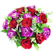 In this overhead image, a perfectly round bouquet is displayed on a crisp white background, creating the impression of a lush floral circle framed by clean, empty space. At the centre, around seven or eight sumptuous red roses gather tightly, forming a rich core of colour. Their petals are velvet-smooth and densely layered, the innermost ones coiled snugly while the outer layers unfold gracefully. The red tones range from bright, classic scarlet to deeper, burgundy accents hidden in the curvature of the petals, suggesting depth and warmth, like the glow of evening lights along Mill Hill Broadway. Woven between these roses are numerous magenta and purple carnations. Each carnation has a signature ruffled texture, with fine, serrated petal edges that build into soft, voluminous blooms. Some are vivid fuchsia, almost playful in intensity, while others lean towards plum and deep royal purple, giving the arrangement a sophisticated, regal edge. Surrounding the flowers is an artful collection of greenery. Rounded eucalyptus leaves in a cool, silvery-green add a modern, airy touch, while broader, darker green leaves-resembling Ruscus or Salal-provide structure and a glossy counterpoint. Slender stems tipped with smaller, bright green leaves weave through the bouquet, lending the impression of freshly gathered foliage from nearby parks and gardens in Mill Hill. The bouquet is tightly constructed into a domed, full shape, with every bloom and leaf carefully positioned to avoid gaps, resulting in a rich, abundant appearance. The interplay of red, purple, and green creates a mood of romance, celebration, and genuine care, making it a beautiful choice for same-day delivery across Mill Hill to mark birthdays, anniversaries, or heartfelt thank-yous.
