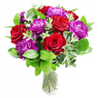 This floral arrangement feels like an elegant celebration in bloom, bringing together deep red roses and plush purple peonies in a way that is both striking and soothing. The roses stand as bold focal points, each one fully opened with velvety petals curling outward from a tight central spiral, creating a sense of structure and romance. Between them, the purple peonies add a softer, more opulent touch; their blooms are rounded and filled with delicate, ruffled petals that nestle into one another, giving a feeling of movement and richness. Cradling the flowers is a generous base of greenery: glossy green leaves fan out around the arrangement, while long, slender stems of eucalyptus wind through and slightly beyond the blooms, their pale, silvery tones introducing a cool, modern note. The clear glass vase, simple and cylindrical, reveals the stems beneath, all carefully trimmed and arranged in fresh water, reinforcing the impression of care and craftsmanship. Light appears to fall gently over the bouquet, deepening the reds and enriching the purples, while tiny reflections shimmer on the glass, as if the flowers were set on a dining table in a Mill Hill house or in an apartment off Mill Hill Broadway, ready to welcome guests. The suggested fragrance is subtle yet captivating: the familiar sweetness of roses softened by the clean, herbal freshness of eucalyptus, reminiscent of the breeze across the green spaces of Mill Hill. Perfect for anniversaries, joyful milestones, or thoughtful congratulations, this bouquet reflects the quiet confidence and charm of the local area, crafted by florists attuned to both beauty and emotion.