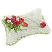 A solemn, hand-crafted memorial pillow formed from hundreds of small, pristine white chrysanthemum heads fills the image with a soft, cloud-like texture that speaks of peace and quiet comfort. The rectangular cushion is densely composed so every bloom nestles closely, producing a velvet surface edged with a whisper of light green ribbon or foliage that frames the piece and gives a gentle fresh outline. On the upper left a rich spray of deep red roses and burgundy carnations gathers together, their velvety petals and ruffled layers providing a warm, vivid counterpoint to the snow-white base. Scattered among them are small white freesias or spray chrysanthemums whose delicate shapes and faint scent add a touch of brightness. Lush green foliage - feathery fern fronds and broader leaves - forms a shaded backdrop for the red blooms, while three slender stems of bright green bear-grass arc gracefully from the cluster across the chrysanthemum field toward the lower right. These sweeping lines lead the eye to a single, perfectly formed red rose resting near the pillow's corner, a quiet, focused symbol of enduring love and remembrance. The lighting is soft, like early morning in Mill Hill Park, highlighting the texture of petals and the subtle sheen of the ribbon, and the overall impression is one of respectful craftsmanship: a traditional sympathy cushion designed to convey comfort, dignity, and heartfelt tribute at a funeral service or graveside remembrance in the Mill Hill area.