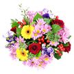 In this overhead photograph, a dense, circular bouquet rests against a stark white background, every flower and leaf clearly defined, as though the arrangement were just finished on a workbench in Mill Hill. Deep red roses are scattered throughout, their velvety petals tightly spiralled and richly shaded, creating focal points of classic romance and sophistication. Between them, bright yellow gerbera daisies with dark central circles spread their flat, daisy-like petals, infusing the bouquet with a lively, sunlit optimism that evokes the open skies and green stretches around Mill Hill. Soft pink and light purple chrysanthemums add generous volume, their numerous slender petals and pale yellow-green hearts lending a gently tufted, almost cushion-like texture that softens the stronger shapes. Threaded among these blooms are graceful lisianthus in tones of deep purple, lavender, and soothing blue, their bell-shaped flowers and softly rippled edges offering a refined, slightly whimsical contrast to the more structured daisies and roses. The entire arrangement is wrapped visually in verdant greenery, from broad, glossy leaves that provide a stable backdrop to smaller, rounded foliage with a eucalyptus-like look that meanders delicately between the stems, giving a natural, garden-inspired feel. Dotted throughout are bright red hypericum berries, smooth and shiny like tiny glass beads, adding bursts of colour and a hint of festive energy. Altogether, the bouquet feels vibrant and full, perfectly balanced between warm and cool tones, ideal for celebrating a birthday, offering congratulations, or sending comfort to someone in Mill Hill. It conveys the sense of carefully crafted, same-day fresh flowers arriving at a doorstep near Daws Lane or Station Road, ready to bring warmth and colour into the home.