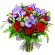 Designed by the team at Flowers Mill Hill, this contemporary bouquet embodies modern romance through a disciplined, architectural elegance. The arrangement centers on a cluster of velvety crimson roses, their petals curling into tight spirals, while royal purple Vanda orchids rise above with broad petals speckled in darker tones for a regal accent. Intermittent sprays of lisianthus in pale lavender soften the contrast and add lightness, with a few buds hinting at forthcoming bloom. A lush framework of rich green foliage-glossy, oversized leaves and slender, feathery sprigs-gives the piece depth and a natural energy. Tiny pale green filler elements weave through the stems, providing delicate texture that invites the eye to wander. The stems are gathered at the base and secured with a dark mesh ribbon of open weave, which glints softly and lends a contemporary edge to the timeless color story. This bouquet transcends a single occasion, working beautifully as a birthday gift, an anniversary centerpiece, or a stylish thank-you. It is crafted for Mill Hill clients and available for same-day delivery across Mill Hill and the surrounding boroughs, ensuring freshness and prompt service for gifts that speak volumes. The overall impression is one of confident taste, luxury, and floral artistry that speaks to the area's discerning customers.