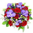 The bouquet in this image is captured from directly above, creating a sense of looking down into a richly coloured, perfectly rounded arrangement set against a flawless white backdrop. The starring blooms are deep red roses, gathered closely together so their velvety petals form intertwining spirals, each flower echoing the themes of passion, respect, and enduring romance. Between these roses, Vanda orchids unfold their broad, flat petals in a vivid lavender-purple shade, each one patterned with intricate violet speckles that add a layer of visual intrigue and luxury. Encircling and mingling with these main flowers are clusters of violet-purple lisianthus, or Eustoma, brought to life at different stages of blooming-some fully open, their edges softly frilled like fine fabric; others still in tight, bell-shaped buds that give the bouquet a sense of ongoing life and transformation. Smaller accents of pale lavender buds and delicate light purple florets provide softer highlights, easing the transition between the deeper hues. The flowers are fully surrounded by a halo of greenery: glossy dark green leaves, likely from the rose stems, anchor the design, while slender sprays of silvery eucalyptus and fine filler foliage with tiny leaves add lightness, texture, and a gentle sense of movement. A faint glimpse of silvery-grey mesh or netting at the bottom suggests a tasteful wrap that turns this into a ready-to-gift piece. Bathed in soft, even light, every shade and surface appears rich yet refined. Crafted with the attention to detail you'd expect from Flowers Mill Hill, this bouquet would be at home as a romantic delivery to a house near Mill Hill Broadway or as an impressive gift for a milestone celebration in one of the area's leafy avenues.