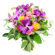 A luxurious, hand-crafted bouquet is shown against a bright white background, every element vividly defined as though freshly finished in the Flowers Mill Hill studio. At its heart, large Vanda orchids, drenched in vibrant fuchsia-purple, unfold their broad petals, each petal decorated with delicate, lighter speckles that evoke a fine, patterned fabric. These exotic blooms are intertwined with generous clusters of vivid orange roses, their tightly wound petals forming plump, cupped blossoms that radiate warmth and enthusiasm. Among them, soft pastel and blush pink roses appear in different stages of opening, from rounded buds to partially unfurled heads, introducing a tender, romantic softness that beautifully balances the bolder colours. Elegant calla lilies, tinted in muted plum and dusky lavender, rise slightly above the main dome of flowers, their sleek, trumpet-shaped forms adding height, movement, and a touch of modern refinement. The flowers are anchored within a lush abundance of greenery, including long, silvery-green eucalyptus leaves and richer, darker foliage that provide structure, depth, and a cool, earthy contrast, reminiscent of the calm green spaces around Mill Hill Village and Mill Hill Park. Fine sprigs of lavender and lilac filler flowers weave delicately between the larger blooms, creating a filigree of colour and texture that softens the transitions. At the bottom, the fresh stems are gathered and clearly visible, neatly tied to emphasise the artisanal, hand-tied nature of the bouquet. Altogether, this design feels celebratory, elegant, and full of life, ideal for anniversaries, milestone birthdays, or simply bringing a sense of luxury to homes and offices across Mill Hill and the NW7 area.
