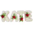 A tender, three-dimensional floral tribute spells the name KATE in large block letters, each letter handcrafted from a dense cloud of small, pure white chrysanthemum blooms. The chrysanthemums are closely packed to form soft, voluminous contours that read clearly from a distance, their matte petals creating a cushion-like texture that suggests quiet dignity. Along the outer edges of every letter a pale pink satin ribbon is neatly pleated and tucked, the delicate blush tone tracing the silhouette and adding a whisper of warmth to the otherwise pristine composition. At the heart of each letter sits a single deep red rose, its velvety petals and rich crimson hue creating a dramatic focal point against the white field. Each rose is artfully nestled into an arrangement of fresh green foliage - broad glossy leaves and feathery fern fronds - which fan out to give depth, contrast and natural movement to the letters. Specifically, the K bears its rose and greenery on the lower part of the left vertical stroke, the A shows its rose at the peak of the triangle, the T is grounded by a bloom at the base of the left side of its crossbar, and the E is softened with its rose on the middle horizontal bar. The display rests against a clean white background so every texture and shadow reads clearly, lit with soft, even studio light that emphasizes color and form. As a sympathetic tribute often chosen for funerals or memorial services, this arrangement speaks of love, purity and remembrance - a respectful, handmade letter tribute suited to families in Mill Hill and nearby communities seeking a personalized farewell.