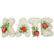 A personalized memorial arrangement spells the name 'KATE' in large, three-dimensional capital letters, each letter built from a dense carpet of small, pristine white chrysanthemums that read as a soft, cushiony surface. The chrysanthemums form a uniform, almost sculpted texture, their petals suggesting a gentle, powdery scent and a feeling of quiet tenderness. Along the outer edges of each letter a pale, ruffled pink ribbon is carefully pleated and tucked, tracing the contours with a soft, satin sheen that catches the light and lends a delicate warmth to the white composition. Scattered across the white chrysanthemum base are glossy red anthuriums, their heart-shaped spathes and pale yellow spadices sitting like bright, sincere focal points against the serenity of the white. Deep green foliage - broad glossy leaves, ferny fronds, and trailing tendrils - is woven through and between the letters, adding depth, natural contrast, and a sense of living movement that gently links each character into a single, unified tribute. Thin green vines sweep across the gaps between letters, suggesting continuity and the comforting flow of remembrance. The whole piece rests against a clean white background with a faint drop shadow beneath each letter, giving the tribute subtle dimensionality and a gallery-like clarity. As a local Mill Hill florist might explain, this design is chosen for funerals, wakes, or memorial services where simplicity and heartfelt detail matter: the white chrysanthemums for peace and the red anthuriums for warmth and love, finished with a pale pink ribbon to soften the farewell and honour a cherished name with quiet elegance.