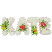 The photograph captures a personalised floral tribute spelling KATE in large capital letters, designed as a memorial arrangement and displayed against a plain white background for maximum clarity. Each letter is meticulously constructed from a dense mat of crisp white chrysanthemums, pressed closely together to form a smooth, cushion-like surface that feels gentle and reassuring, as if offering a soft place for memories to rest. Outlining the K, A, T, and E is a delicate trim of pale pink satin ribbon, neatly gathered and slightly ruffled, which adds a tender, feminine touch and subtly defines each letter's clean silhouette. Within the field of white flowers, vivid accents have been thoughtfully placed: vibrant yellow-green cymbidium orchids, with their distinctive reddish-brown patterned centres, light up the left side of the K and the base of the T, evoking a sense of renewal and quiet optimism that might resonate with families in Mill Hill saying their goodbyes. On the A and the E, glossy red anthuriums with heart-shaped, waxy petals introduce a strong emotional symbol of love, making these letters feel especially expressive. Around these standout blooms, rich green foliage and feathery fern fronds add depth, contrast, and a touch of natural wildness. Slender, curling green tendrils run gracefully across and between the letters, visually binding them together so the name reads as one unified tribute rather than separate pieces. The overall design feels calm, dignified, and deeply personal, an elegant sympathy tribute suited to a chapel service, crematorium ceremony, or graveside farewell in the Mill Hill area, where families want to see KATE's name honoured in a way that is both beautiful and meaningful.
