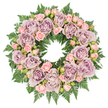 Photographed from overhead, this circular funeral wreath lies flat on a pure white background, its colours and textures clearly defined. The wreath is carefully composed of numerous large roses in full bloom, their petals unfurling in shades of dusty lavender, soft mauve, and gentle, greyish purple. These substantial blossoms form the backbone of the design, spaced so that each one can be seen and appreciated. Interspersed among them are groups of smaller blush pink spray roses and tiny buds at varying stages of opening, creating delicate transitions and a feeling of softness throughout the ring. Supporting all the flowers is a lush base of dark green fern fronds that extend outward like a ruffled edge, their finely divided leaves overlapping to create a thick, natural collar of foliage. Here and there, deeper-toned greenery and very small, dark buds can be glimpsed between the main blooms, adding depth and a sense of three-dimensional structure. The overall palette of cool lavender, gentle pink, and rich green speaks of serenity, remembrance, and respect, making the wreath a graceful choice for a funeral, cremation service, or private commemoration in Mill Hill. One could imagine this arrangement resting quietly beside a photograph or candle at a memorial in a home near Mill Hill Broadway, or delivered to a local chapel where family and friends gather. The soft, even lighting used in the photo accentuates the freshness of each petal and leaf, highlighting the attentive workmanship of Flowers Mill Hill in creating a tribute that feels both comforting and refined.