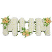 A lovingly arranged floral tribute spelling MUM is set against a clear white background, photographed so that its textures and colours are easy to appreciate. The three large block letters are entirely made from white spray chrysanthemums, each tiny blossom adding to a thick, plush surface that looks soft and comforting. The uniform blanket of white petals radiates a feeling of calm, purity, and respect, making the tribute fitting for a funeral or memorial. Around the edges of the letters, a slim dark green ribbon and supporting frame can be seen in places, neatly defining the shapes and giving the arrangement a polished, well-structured appearance. To introduce a gentle warmth of colour, three clusters of roses in soft peach and blush pink shades have been added with care. One floral cluster rests on the top left side of the first M, another is tucked at the bottom of the U, and the last sits at the top right of the final M. These accents include open roses, delicate buds, and sprigs of greenery such as ferns and deeper green leaves, which bring a sense of movement and natural elegance. The tribute feels tender and deeply personal, like a floral hug offered in farewell to a beloved mum. For families in Mill Hill, this type of arrangement could be placed next to the coffin or at the front of the service, quietly expressing love, gratitude, and cherished memories during a difficult yet meaningful final goodbye.