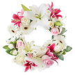 Set against a clear white background, this elegant circular funeral wreath presents a rich tapestry of white, light pink, and vibrant fuchsia flowers arranged in an unbroken ring. The design centres on large white Oriental-style lilies, their wide, velvety petals opening outward with gentle poise, revealing green pistils and golden stamens that lend a warm, softly glowing heart to the wreath. Interlaced with them are deep pink and magenta lilies, star-shaped and subtly speckled, creating dramatic accents that stand out like splashes of colour along Mill Hill's quiet high street. Crisp white Gerbera daisies appear throughout the arrangement, each bloom marked by a dark brown or reddish-brown centre and a halo of neat, radiating petals, adding both structure and a gentle brightness to the overall design. Soft light pink roses are threaded through the wreath, some still in bud, others partially unfurled, suggesting tenderness, admiration, and love, while creamy white roses add volume and a more traditional note of remembrance. Smaller white filler flowers, reminiscent of tiny carnations or spray chrysanthemums, fill in the spaces between the larger blooms, contributing to the plush, full texture that makes the circle feel continuous and complete. A generous layer of lush green foliage surrounds and supports the flowers, its glossy leaves providing depth and a natural contrast that recalls the greenery of Mill Hill's residential gardens. This thoughtfully composed wreath is ideal for funerals, memorials, or celebration-of-life services in and around Mill Hill, symbolising eternal love, the cycle of life, and a deeply felt farewell.