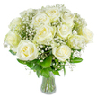 A hand-tied bouquet of pristine white roses arranged with airy sprigs of gypsophila rests in a simple clear glass vase, the composition evoking calm and quiet dignity. Each rose opens fully in layered spirals, petals curling gently outward with a creamy, almost warm white that catches the soft light, making the edges appear to shimmer. Beneath the luminous blooms, cloud-like clusters of baby's breath thread through the bouquet, their tiny ivory flowers adding texture and a twinkling, starlight effect. Glossy forest-green foliage peeks from below, giving the arrangement a grounded vertical rhythm as the long, sturdy stems gleam where they meet the water in the vase. The overall balance is intentional and refined, with every flower positioned to create an even, serene silhouette that reads as both timeless and contemporary.
As a Mill Hill florist I picture this arrangement on a mantel in a home near Mill Hill Broadway or gracing a reception table in a village café on The Ridgeway; its mood suits weddings, anniversaries, quiet remembrance, or a thoughtful new-home gift. The scent is subtle and classic-soft rose notes mingling with fresh, green undertones that call to mind early mornings at Mill Hill Park. Crafted with care and attention to proportion, this bouquet communicates tenderness without excess. For local customers it's perfectly suited to convey devotion, offer condolence, or celebrate new beginnings, and it is arranged with stems left visible in the clear vase to emphasize natural beauty and life. Delivered locally across Mill Hill and nearby Edgware, it reads as a gesture of gentle support and refined simplicity.