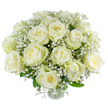 Creamy white roses unfold like soft moons in this gentle hand-tied bouquet, each petal layered with the kind of velvet depth that invites the fingertips to linger. Interspersed among the generous blooms are cloud-light sprays of baby's breath (gypsophila), their tiny sparkling florets drifting through the composition like morning mist. The small, cool green leaves provide a quiet base that keeps the palette fresh and restrained, letting the ivory tones read clearly in soft daylight. Light skims the petals, catching the faintest hint of vanilla at the heart of each rose and giving the whole arrangement a luminous, almost moonlit quality. From a florist's perspective the stems are thoughtfully angled so that each rose breathes space around it, creating a relaxed, airy silhouette rather than a compact mound. There is an understated perfume - a faintly sweet, comforting scent that feels like a whispered memory rather than an overpowering bloom. This bouquet reads as serenity personified: ideal for a tender anniversary, a peaceful sympathy gesture, or to mark the quiet hope of a new beginning. I imagine it arriving like a soft exhale into a room, its presence calming and sincere. If you picture it placed on a mantel or a bedside table in Mill Hill, the arrangement would harmonise beautifully with pale interiors or the calming greens of a village garden. The craftsmanship speaks of thoughtful restraint and classic taste, a bouquet that honours moments of reflection and the gentle eloquence of white flowers.