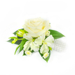 Set against a spotless white backdrop, this delicate corsage reads like a quiet love letter in ivory and green. At its heart sits a full, creamy white rose whose tightly layered petals open from a compact, velvety centre into soft, luminous spirals; the subtle shadows between the layers give the bloom a sculpted depth that seems almost touchable. Surrounding the rose are pale alstroemeria - their narrow, slightly fluted petals unfurling in soft cream, some fully open and others held in gentle, elongated buds that promise more blooms to come. Tucked beneath the main flowers are tiny daisy-like sprays with pale yellow centres, adding charming, country-like detail and a lighter scale that balances the rose's richness. Broad, glossy leaves in deep green cradle the composition, their smooth surfaces and rounded edges creating a supportive, fresh backdrop that heightens the whites. To one side, a small cluster of lustrous white pearls nestles between stem and leaf, catching the studio light with a gentle gleam and lending the piece an understated bridal elegance. The arrangement feels cool and fragrant, with the rose's soft perfume hinted at beneath a crisp morning light, and it sits with the poised restraint of a boutonniere or wrist corsage meant for a wedding, prom or formal evening. Crafted with thoughtful layering and clean lines, this piece suggests the calm anticipation of ceremony and the quiet joy of celebration; its compact scale and classic palette make it an easy choice for anyone seeking purity and timeless style in Mill Hill and surrounding neighbourhoods.