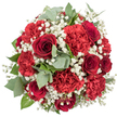 In this image, a richly textured, circular bouquet of red flowers commands the centre of a bright white frame, as if it has just been placed on a sunlit table in a Mill Hill living room. The most striking elements are the deep red roses, whose velvety petals curl inward in tight, elegant spirals, creating a sense of depth and classic romance at the heart of the arrangement. Clustered generously around them are red carnations, their densely ruffled petals forming voluminous, cushiony blooms that flow into one another, building a feeling of fullness and luxury. The carnations display subtle variations in openness, with some fully unfurled and others still edging towards bloom, which brings a natural dynamism to the composition. Lightly interwoven between these rich reds are delicate sprigs of white baby's breath, or gypsophila, with countless tiny blossoms forming a soft, gauzy overlay. These white accents gently diffuse the intensity of the red, lending an airy brightness reminiscent of soft clouds scattered across the bouquet. Framing the flowers, eucalyptus leaves with a gentle grey-green cast peek through, their rounded shapes and smooth, slightly waxy surfaces providing cool contrast against the warmth of the petals. Alongside them, darker green leaves from the roses and complementary foliage add depth and structure, anchoring the design. The lighting is even and clear, making every petal edge and leaf vein visible. The bouquet looks thoughtfully crafted, like something prepared by an experienced Mill Hill florist for an anniversary meal near Mill Hill Broadway, a Valentine's delivery to a home off Lawrence Street, or a special thank-you gift for a gathering close to Mill Hill Village. The overall impression is one of passion, tenderness, and polished elegance captured in red, white, and green.