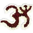 A reverent, sculptural floral rendering of the sacred Om (Aum) symbol rests against a pure white backdrop, every curve and counter-space carefully defined. The central mass of the character is composed of tightly packed, small-headed chrysanthemums in a rich maroon-to-deep-red tone; from a short distance the block of red reads like velvet, while up close you can pick out bright lime-green centers in many blooms that give the surface a subtle, living fleck of colour. Surrounding and tracing the symbol is a thick, undulating frame of pristine white spray chrysanthemums that delineates each loop and the tiny crescent-by-dot detail at the top, the contrast making the whole form read with quiet authority. The arrangement sits slightly raised from the background, a soft drop shadow giving it three-dimensional presence as if it were set on a ceremonial plinth. Light is cool and even, bringing out the soft, silky texture of petals and the delicate variance between pompon shapes and spray blooms. There is an understated, earthy scent you might sense in a quiet chapel or home shrine-green and autumnal, comforting rather than sweet-paired with the clean, luminous impression of the white outline. This piece feels appropriate for devotional gatherings, memorial services, meditation spaces, or cultural celebrations where the Om symbol is honoured; it reads as both a work of devotional art and a botanical tribute. As a Mill Hill florist might arrange for a village puja or a remembrance on The Ridgeway or at Mill Hill Park, the design communicates care, precision and calm through its dense texture and balanced contrast.
