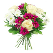 Against a pristine white background, this elegant bouquet appears freshly tied, as if just prepared in a Mill Hill studio, its domed shape full and harmonious. At the core, several creamy white roses unfold in soft spirals, the petals thick, smooth, and gently cupped, giving a sense of poise and quiet luxury. Surrounding them, small white spray chrysanthemums cluster densely, their many fine petals radiating from subtle green centres that introduce a hint of crisp brightness. Threaded between these pale blooms are deep magenta or fuchsia spray chrysanthemums, rich in colour and slightly more compact, their jewel-like tones instantly adding vibrancy and a touch of playful energy. Dark green foliage arcs around and through the flowers, the leaves glossy and sturdy, providing structure and an earthy frame that helps the lighter petals stand out. The stems are gathered together and neatly bound low, clearly showing this is a professional hand-tied bouquet, ready to be placed straight into a vase in a Mill Hill living room or on a kitchen table off Mill Hill Broadway. The lighting is clear and even, emphasising freshness and detail-the gentle shadows between petals, the fine veins on the leaves, and the subtle gradations of cream and magenta. The bouquet gives an impression of thoughtful celebration: suitable for local same-day delivery to say thank you, mark an anniversary, cheer up a friend near Mill Hill Park, or simply infuse a room with a calm, joyful presence and the quiet charm of expertly arranged flowers.