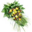 An elongated funeral spray of yellow roses and red berries rests visually on a smooth white background, its diagonal composition forming a graceful, tapering line from the upper left corner to the lower right. The main body of the piece is made up of numerous yellow roses-around fifteen to twenty blossoms in total-arranged with deliberate care. Some roses are tightly furled, with petals pressed close, while others are fully open, revealing layered, velvety petals in tones of bright, sunlit yellow that feel both hopeful and comforting. This range of openness adds gentle movement and variation, allowing the eye to travel naturally along the spray. Nestled among the roses are compact clusters of red Hypericum berries. Their small, rounded forms and glossy skins offer a vivid, contrasting red that stands out against both the yellow petals and the surrounding greenery, creating a rhythm of colour that feels quietly reassuring, much like familiar routes through Mill Hill's local streets and parks. The flowers are held within a substantial framework of foliage. At the upper left, broad, dark green leaves are folded and wrapped into a structured base, giving the design a sense of strength and support that suits a funeral or memorial setting. From the lower right, long, slender palm-like fronds sweep outward, their narrow leaflets creating a soft, cascading tail that gives the spray its teardrop profile. The stems are securely bound and tucked away beneath the leaves, suggesting professional floristry and care, such as that provided by Flowers Mill Hill for local services. The stark white background highlights the colours and textures, making the arrangement feel calm, tender, and dignified-an appropriate floral expression of sympathy and remembrance for families and friends gathering in Mill Hill.
