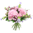 A full, rounded bouquet in shades of pink and lavender is shown against a clear white background, its softness and detail captured as if it had just been set down in a bright Mill Hill kitchen after delivery. At its centre, two large clusters of pink hydrangea provide generous focal points, their domed shapes made up of countless small, ruffled petals that overlap to create a plush, almost cloud-like texture. Threaded between these hydrangeas are light pink roses, some fully open with their spiral centres gently unfurling, others still in tight buds, lending a story of blossoms at different stages of bloom. Rising gracefully from within the arrangement are fine stems bearing bell-shaped flowers in pastel lilac and soft purple, likely campanula, their gently drooping bells adding height, movement, and a dreamy, garden-like charm that feels at home near Mill Hill Park. Scattered throughout the bouquet, small clusters of fuchsia and deeper pink filler flowers, akin to waxflower or miniature phlox, contribute tiny bursts of richer colour and intricate detail, enhancing the sense of abundance. Surrounding all the blooms is a collar of fresh green foliage, with smooth leaves and young buds that reinforce the impression of vibrant freshness and careful florist craftsmanship. The natural stems are gathered and tied neatly at the base, clearly forming a hand-tied bouquet that could slide straight into a waiting vase on a Mill Hill dining table. The overall mood is tender and uplifting, ideal for birthdays, anniversaries, Mother's Day, or simply sending a warm, thoughtful gesture to someone special in Mill Hill and the surrounding NW7 community.