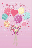 On this illustrated birthday card, a whimsical celebration seems to be taking flight over Mill Hill, carried on a cluster of pastel balloons and a bouquet of tender blooms. The scene is set against a soft pink background that recalls the gentle glow of early evening skies near Mill Hill Broadway. From the base, an airy grouping of balloons rises: rounded forms and a central heart-shaped balloon in shades of blush, mint, lemon, and lavender. Each balloon is decorated with its own cheerful pattern-candy-coloured stripes, playful polka dots, and looping motifs that resemble curling party ribbons drifting in the air on a breezy day. Where the strings would meet, a small hand-tied bouquet forms the anchor of the design. Here, roses and anemone-like blossoms gather in tones of creamy white, pale blush, and muted mauve, their layered petals suggesting a soft, feathery texture. A violet satin bow is tied neatly around the stems, its sheen catching the same imagined light that glides over the glossy surfaces of the balloons above. Subtle star shapes and dainty butterflies are scattered throughout, lending the composition a touch of fairy-tale wonder, as if the bouquet were about to float across the rooftops toward Mill Hill East. The mood is light, sweet, and quietly joyful, much like the feeling of receiving a thoughtful birthday surprise from a local florist who understands the area. The design captures the essence of a birthday meant to feel special but not overstated, a moment of celebration that lingers in memory like the soft scent of fresh flowers after the party has ended.
