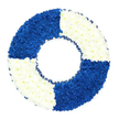 A beautifully balanced lifebuoy-style floral wreath is featured here against a bright, uncluttered white background, allowing every petal and curve to be clearly perceived. The wreath forms a perfect circle, its surface completely covered with small, compact flowers-likely chrysanthemum heads-neatly set side by side to create a full, cushion-like texture. The design is carefully divided into four symmetrical quadrants that alternate between a rich, royal blue and a pure, radiant white, evoking classic nautical imagery. The blue sections at the top left and bottom right are dense and velvety, reminiscent of deep sea water or the evening sky, while the white sections at the top right and bottom left bring a clean, calm brightness, suggesting clarity and peace. This interplay of colour feels deliberate and composed, guiding the eye gently around the form without distraction. Along the inner edge of the circular opening, a subtle dark blue ribbon is gathered into soft, even ruffles, tracing the shape in a way that accentuates the lifebuoy motif and adds a touch of refined detail. The craftsmanship is evident in the even spacing of blooms, tidy edges, and flawless symmetry, hallmarks of an experienced florist such as those at Flowers Mill Hill who understand the importance of precision in funeral work. Emotionally, the piece expresses themes of rescue, steadfastness, and enduring support, making it a poignant choice for commemorating someone who provided strength in times of crisis or who had a special connection to maritime life. Whether placed in a chapel, a Mill Hill church, or delivered to a family home, this wreath offers a visually powerful yet gentle message of farewell and safe passage.