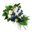 A solemn, flowing funeral spray is captured against a stark white background, composed of blue and white roses arranged in a classic teardrop that sweeps from a fuller upper left to a slender lower right. The eye is immediately drawn to the central mass of roses: about two dozen blooms, each fully open and velvety. The deep sapphire blue roses, cool and intense, are evenly interwoven with creamy ivory and white roses, creating a gentle back-and-forth of colour across the length of the spray. Gaps between the larger blooms are softened by tiny white flowers of baby's breath, which appear like light, airy clouds resting among the petals. Surrounding the roses is a rich framework of green foliage that shapes and stabilises the design. Towards the top and along the left side, broad, polished dark green leaves and bright, feathery fern fronds build a lush foundation and lend a sense of uplift. From the base and lower right, long palm fronds sweep outward and downward in elegant arcs, reinforcing the sense of a gentle cascade-much like watching the trees along Mill Hill's quiet streets bending slightly in the breeze. Tucked between the leaves are subtle strands of bluish-green, eucalyptus-style foliage that introduce cooler hues and varied leaf forms. Some of the broad leaves have been folded into striped, ribbon-like bands that curve through the piece, discreetly guiding the eye along its length. The overall impression is one of composed beauty and heartfelt sympathy, the kind of respectful floral tribute that might rest beside a coffin or on a memorial stand during a service in Mill Hill or the surrounding North London area.