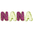 A lovingly hand-crafted sympathy tribute spells the word NANA in large, three-dimensional capital letters set against a bright white background. Each letter is densely packed with small chrysanthemum-like blooms so closely arranged they read as a single plush surface: the two N letters are made from rich, deep magenta to plum chrysanthemums with tiny yellow eyes that catch the light, while both A letters are formed of soft, creamy-white chrysanthemums that calm the composition with gentle, quiet tones. Every letter is carefully edged with a lively lime-green border - a pleated satin ribbon or tightly gathered foliage - that undulates around the shapes, giving definition, a fresh pinch of colour, and a slightly sculpted silhouette. The texture is tactile and uniform, the petals creating a velvet field that invites the hand to linger while the eye traces each curve. Under soft daylight the tiny yellow centres of the purple blooms lift the colour upward, while the white flowers retain a cool, serene sheen. The scent is modest and familiar, a clean chrysanthemum perfume that suits moments of remembrance rather than celebration. This arrangement reads as both an intimate family message and a formal funeral tribute, designed to be placed at wakes, memorial services, or beside a graveside. As a Mill Hill studio piece it reflects local floral craftsmanship - the careful wiring, dense flower-setting, and neat edging that neighbours expect - and offers a respectful, personalised way to honour a grandmother, conveying love, gratitude, and quiet consolation in equal measure.