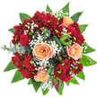 This bouquet overflows with both lushness and refined beauty, a signature of Mill Hill's finest floral tradition. Central to the arrangement, soft apricot-peach roses unfurl in gentle layers, their spirals edged with blush pink. Deep red spray chrysanthemums and tightly furled crimson rosebuds surround the focal blooms, lending both drama and a tactile richness reminiscent of strolls through Mill Hill Park when spring is at its peak. Scattered delicately throughout, tiny white gypsophila resemble puffs of cloud, creating an airy contrast to the denser blooms, much like sunlit petals in Finchley's open spaces. The base is thickly circled with deep green, glossy leaves-salal and eucalyptus introducing both sheen and cool texture, punctuated by neatly folded ti foliage and occasional curious seed pods. In natural daylight, every colour gleams with vitality and there's a subtle interplay of scent-rose sweetness mingling with earthy green. Whether for an anniversary, birthday, or simply to bring a brush of local beauty into a NW7 home, this arrangement embodies Mill Hill's appreciation for comfort, natural elegance, and meaningful celebration.