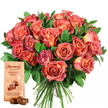 This elegant gift set, arranged with impeccable artistry, begins with a jaw-dropping cluster of roses in a spectrum from light peach tones to vivid coral and flamboyant rosé pink-a palette echoing the refined charm of Mill Hill Village. The roses are densely gathered, their rounded blooms showing everything from tight, unopened buds to fully open, layered blossoms. Subtle bicoloured gradients shimmer from their creamy, yellow-toned hearts to rich, saturated petal edges, while their velvety petals catch the soft light, promising visual luxury. Interwoven among the flowers, leafy branches in deep green add fullness, suggesting eucalyptus or salal known for its texture, and providing a backdrop reminiscent of sun-dappled foliage found in local parks. To one side in the foreground, a Thorntons Orange Crisp chocolate pouch in light beige stands upright, clean and inviting, adorned with a prominent logo and a detailed pictorial of milk chocolate truffles. Two glossy, rounded truffles are placed in front, their sheen hinting at irresistible, tangy orange filling. The ensemble feels festive and comforting, perfect for a birthday surprise on Daws Lane, an anniversary dinner, or any Mill Hill occasion when you want a gift to be remembered. Every element has been thoughtfully composed by local experts for the NW7 community, offering beauty, flavour, and genuine celebration.