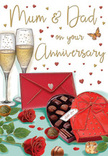 The illustrated anniversary card feels like an intimate snapshot of a celebration ready to unfold in a Mill Hill home, bathed in warm, inviting tones. In the foreground, two red roses rest on a smooth surface, each bloom rendered with soft, velvety petals that curl outward in lush layers, framed by fresh, glossy green leaves that hint at a same-day florist delivery from near Mill Hill Broadway. Beside them, a heart-shaped chocolate box, dressed with a full, flowing red bow, sits open; the satin ribbon sweeps elegantly across the scene while neat rows of chocolates gleam softly, suggesting rich, indulgent flavours waiting to be shared. Rising just behind, two slender champagne flutes stand shoulder to shoulder, filled with golden sparkling wine; tiny bubbles drift gracefully upwards, catching glints of light as if reflecting a cosy glow from a nearby lamp in a Mill Hill living room. Gently scattered around are tiny crimson and gold hearts, dancing across a pale background and framing the affectionate, hand-written message dedicated to Mum & Dad, which adds an unmistakably family-centred warmth. At one side, a deep scarlet envelope lies slightly askew, hinting at a heartfelt, handwritten note tucked safely inside-perhaps words of thanks, remembrance, and future hopes rooted in NW7. Every element, from the richness of the roses to the shine on the glass, contributes to a sense of quiet luxury and gratitude. The overall impression is that of a cherished anniversary evening: flowers at their peak, chocolates ready, and champagne poised for a gentle clink, celebrating a love that has grown and flourished over the years in Mill Hill.